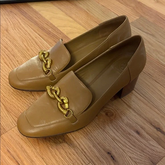 TORY BURCH WOMENS JESSA 55MM PUMP LOAFER HEEL CALF LEATHER 9 DEEP VICUNA CAMEL - Picture 5 of 8